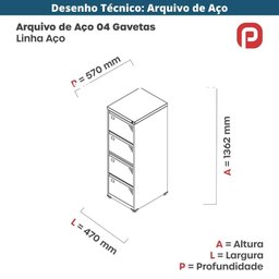 Armário de Arquivo Oficio 4 Gavetas Pandin 47 Cm (larg) Aço Branco C/ Frente Gaveta Cinza C/ Chave - 7