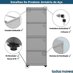 Armário de Arquivo Oficio 4 Gavetas Pandin 47 Cm (larg) Aço Branco C/ Frente Gaveta Cinza C/ Chave - 3