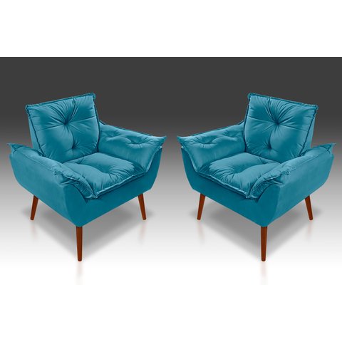 Kit 02 Poltrona Decorativa Opala Suede Azul Tiffany - Pandora Decor