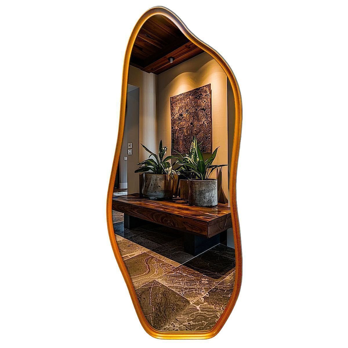 Espelho Orgânico Grande Decorativo Moderno com Moldura Metal Bronze 100x40 Cm