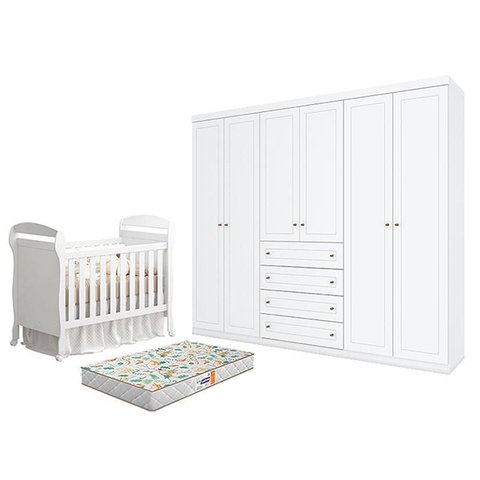 Berço Americano Danny Branco Acetinado Reller e Guarda Roupa Casal Americano 6 Portas Branco Hp e Co