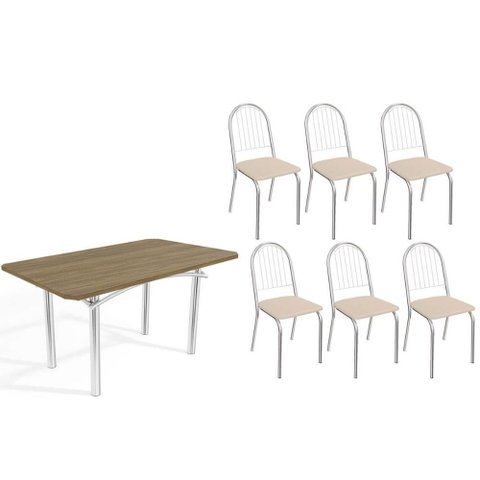 Conjunto: Mesa Sala Jantar Elba C/ Tampo de Madeira 160cm e 6 Cadeiras Noruega Cromada/nogueira -