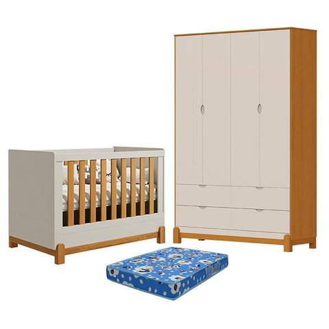 Berço Americano Lótus Liso Areia Savana com Guarda Roupa Infantil Lotus Liso 4 Portas Areia Savana C