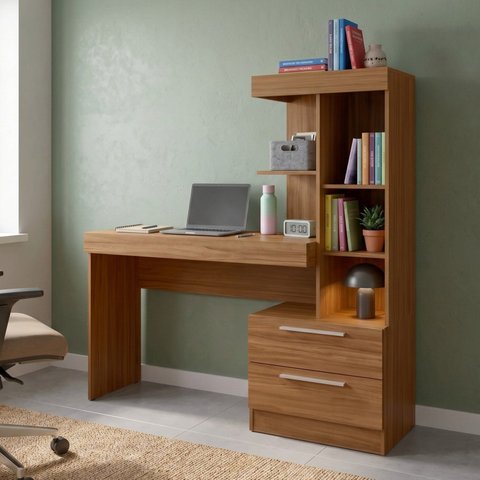 Escrivaninha Mesa de Escritório com Estante e 2 Gavetas 136 x 131cm Freijó Trend Office