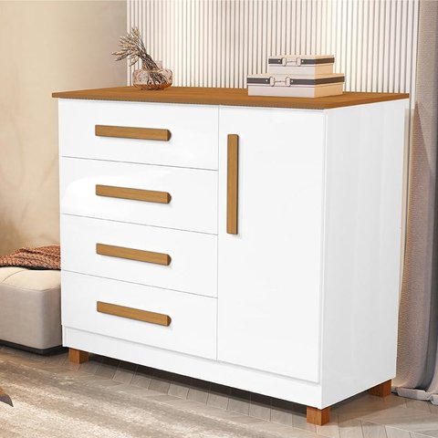Comoda Grecia Quarto 4 Gavetas 1 Porta e Pés Madeira Maciça Branco/Nature