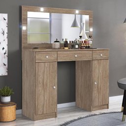 Penteadeira Camarim com Espelho, 3 Gavetas e 2 Portas Atlas Nogal Touch - Pr Móveis - 2