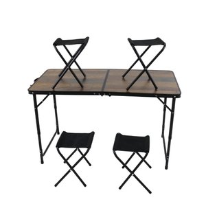 Kit Mesa Dobrável Portátil que Vira Maleta para Camping Praia Alumínio 120cm Madeira + 4