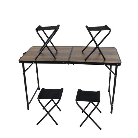 Kit Mesa Dobrável Portátil que Vira Maleta para Camping Praia Alumínio 120cm Madeira + 4