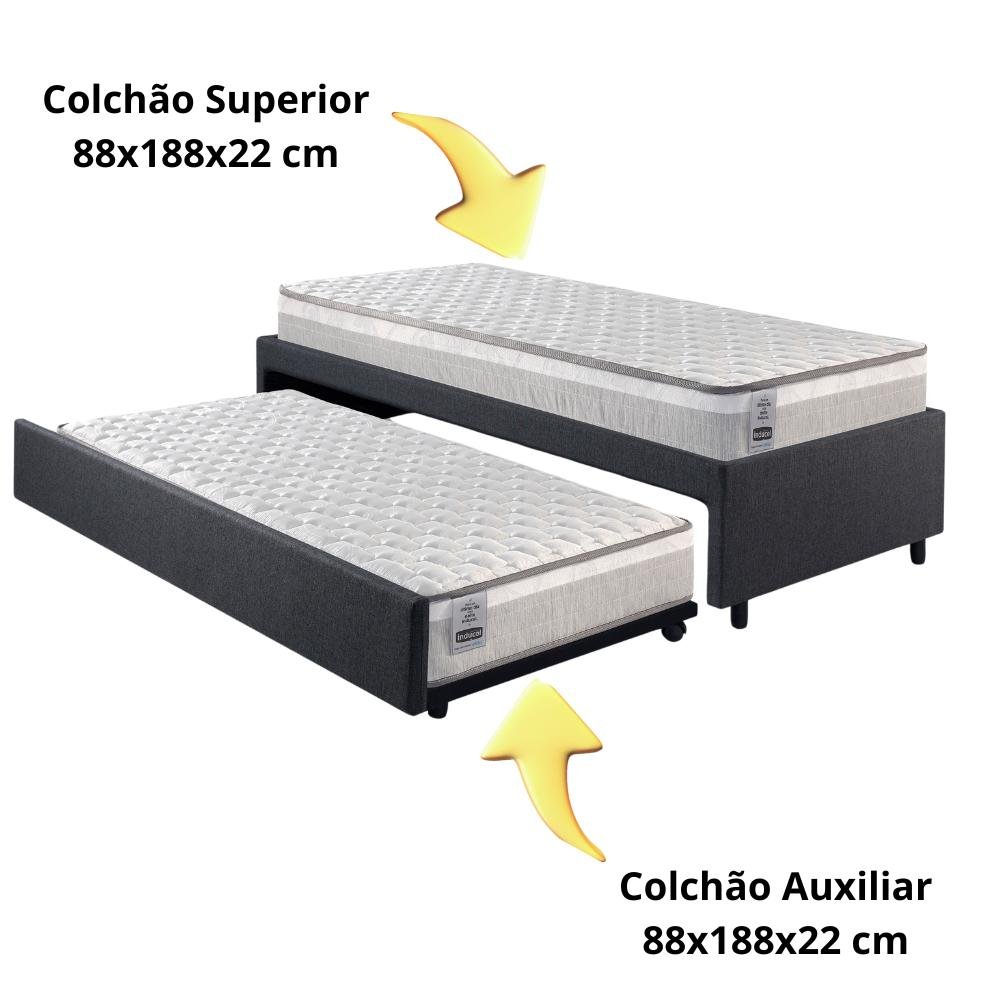 Bicama Box Solteiro Linho Cinza 88x188 com Dois Colchões Hanover Molas Ensacadas Inducol - 3