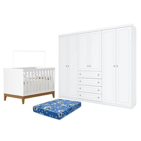 Berço Americano Flip Branco Acetinado Reller e Guarda Roupa Casal Americano 6 Portas Branco Hp e Col