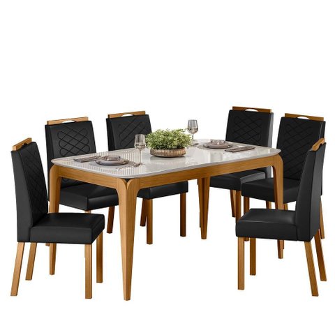 Conjunto Sala de Jantar Mesa Aurea 160x90 6 Cadeiras Aurea Ype/offwhite/corino Preto Brilho