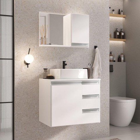 Conjunto Gabinete Banheiro Prisma 60cm - Gabinete + Cuba + Espelheira - com Vidro Branco Inteiro