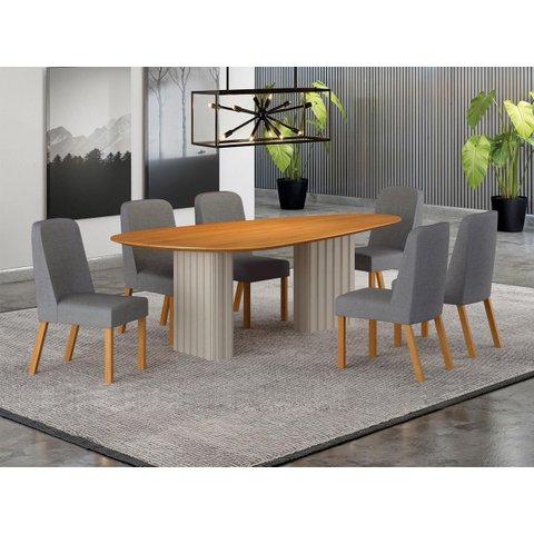 Conjunto Jantar 6 Cadeiras Maciça 2x1 Iza - Arbo Design- Off White- Linho Cinza