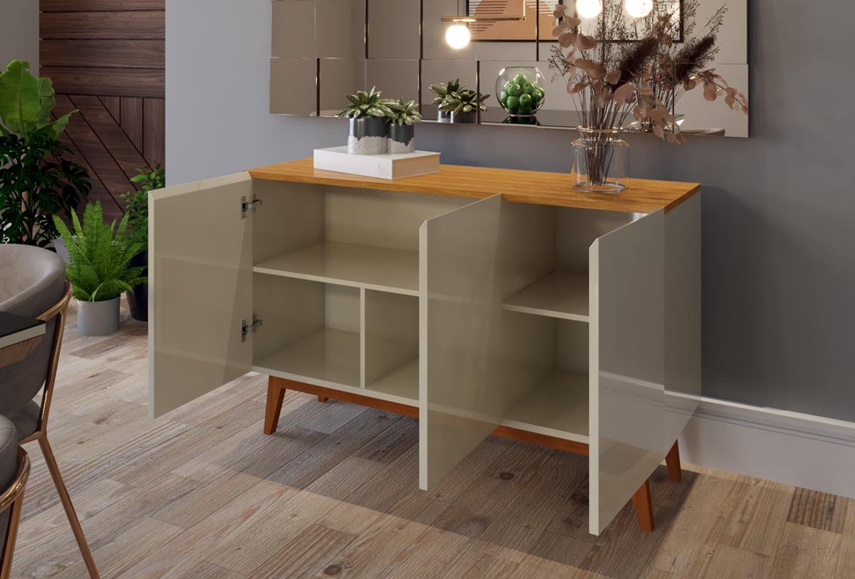 Buffet Aparador Ares 3 Portas Off-White com Nature | MadeiraMadeira