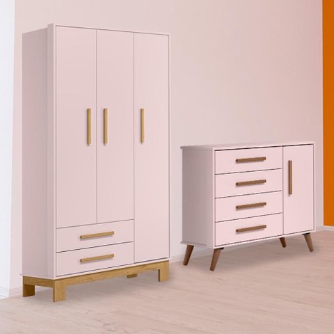 Conjunto Guarda Ropa Slim e Cômoda Sapateira Retro Rosa