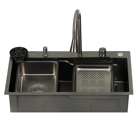 Cuba Cascata Gourmet Premium Aço Inox 304 com Válvula, Dispenser, Torneira, Cifão, Cestos, Tábua e L
