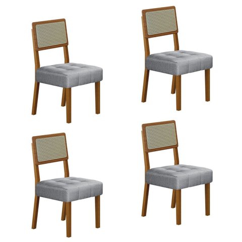 Kit de 4 Cadeiras para Sala de Jantar Pés em Madeira Maciça Liz Cinza/Cinamomo/Linho Prata