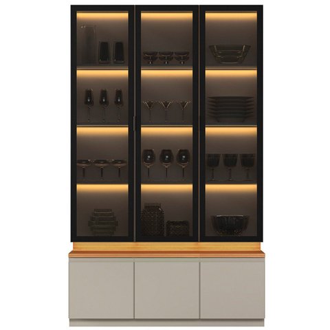 Kit 3 Cristaleiras com LED 1 Porta de Vidro 3 Prateleiras Magnata Canela/Gris
