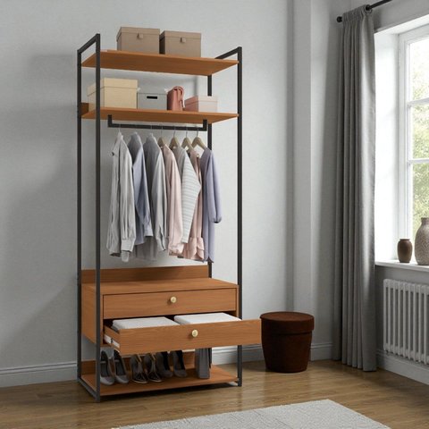 Armário Alto Closet Aberto 2 Gavetas 4 Prateleiras e Cabideiro Mdf e Aço Canela/preto Fosco