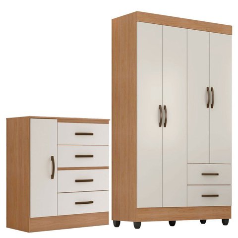 Kit Guarda-roupa Solteiro 4 Portas com Cômoda Sapateira Lisa Nature/off White