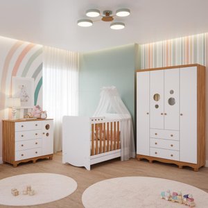 Quarto Bebê Completo Berço Americano Bem 3em1 Guarda Roupas 4 Portas Cômoda 1 Porta Bolinha 100%