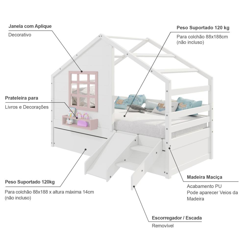Bicama Casinha com Janela e Escada/escorregador Madeira Maciça Branco/ Rosa Housin - 3