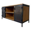 Ver imagem 1 de Rack para Sala Modelo Industrial com 2 Portas de Chapas de Ferro Cor Preta e Madeira Cor Imbuia