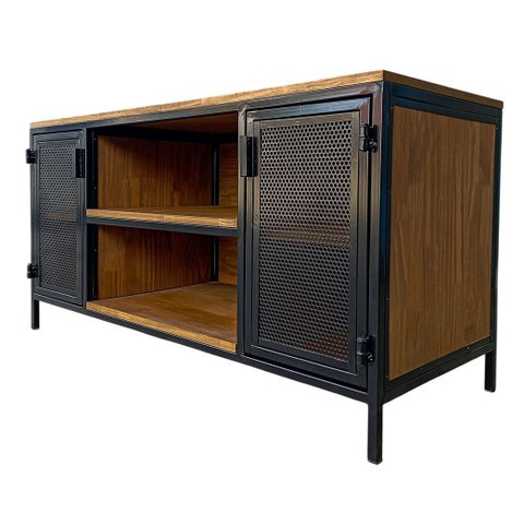 Rack para Sala Modelo Industrial com 2 Portas de Chapas de Ferro Cor Preta e Madeira Cor Imbuia