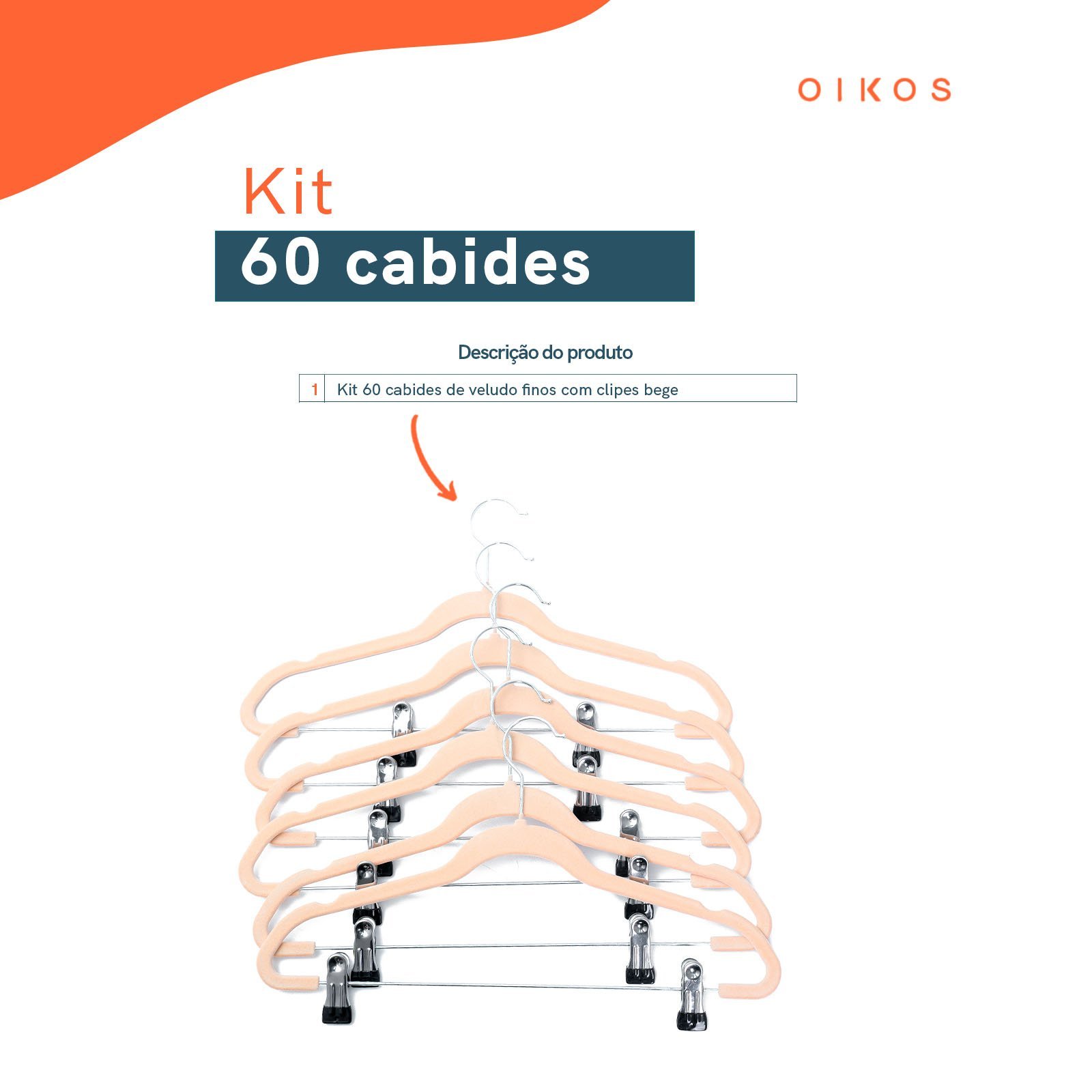 Kit 60 cabides de veludo fino com clipes bege toq - Oikos - 3