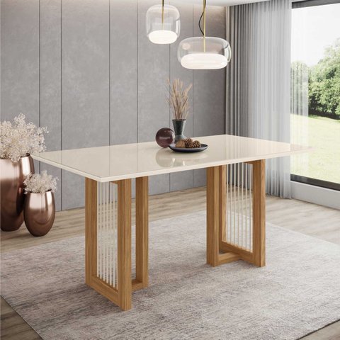 Mesa de Jantar Yara 1600mm Tampo Canto Reto com Vidro