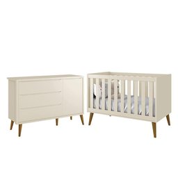 Jogo de Quarto Infantil Theo Retrô Cômoda 1 Porta e Berço Areia Fosco com Pés Amadeirado - - 1