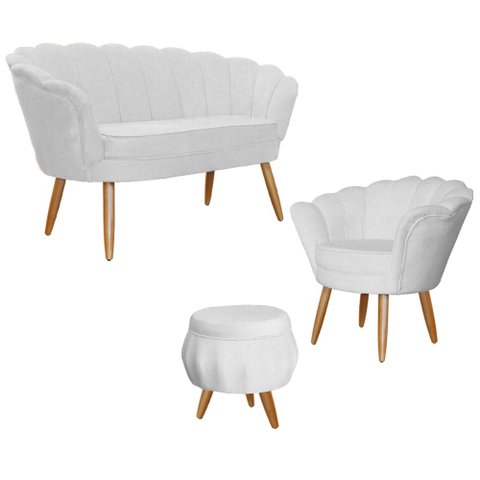 Kit Pétala - Poltrona, Namoradeira e Puff Suede - Ds Estofados Branco