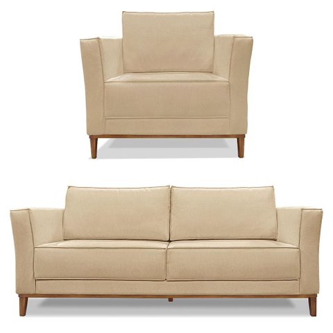 Kit Poltrona e Sofá Living 2 Lugares 1,70m Vega Linho Pés Castanho - Pallazio Cor:Dourado