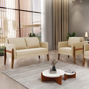 Kit 1 Sofá Namoradeira e 1 Poltrona Lana Suede Bege Base de Madeira - D'rossi