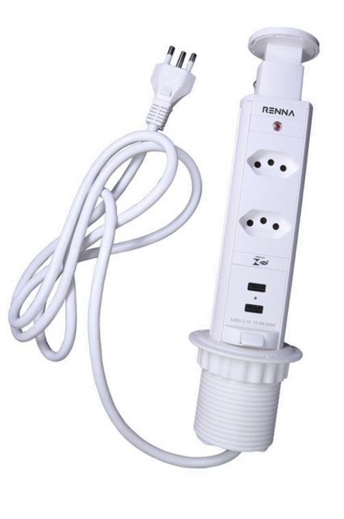 Torre 2 Tomadas 2 Usb Embutir Bancada Retrátil Branco