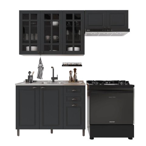 Armário de Cozinha Modulada Compacta Fidelitá Nara 100% MDF 3 Peças 200cm 8 Portas 2 Gavetas sem