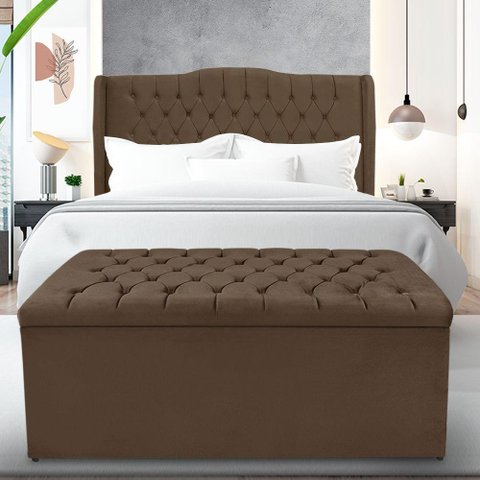 Kit Cabeceira e Calçadeira Baú Dubai Queen 160 Cm - Veludo Marrom