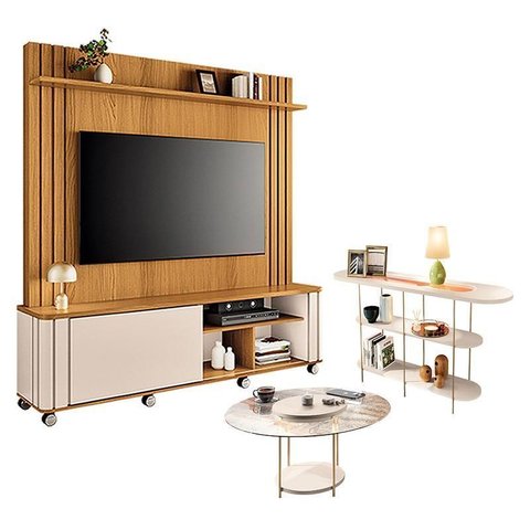 Estante Home Theater Trinus Cinamomo Off White com Mesa de Centro Sky com Tampo de Vidro e Aparador