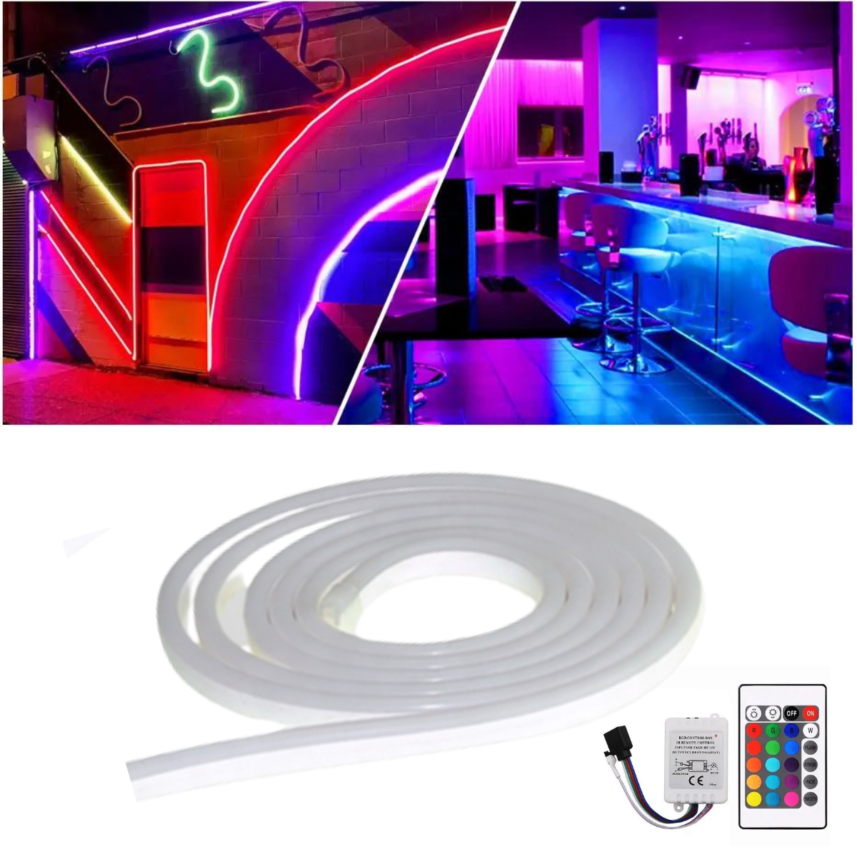 Fita Mangueira De Silicone Led Neon RGB 16 Cores 5M 12V Com Controle Remoto Para Letreiros Placas De