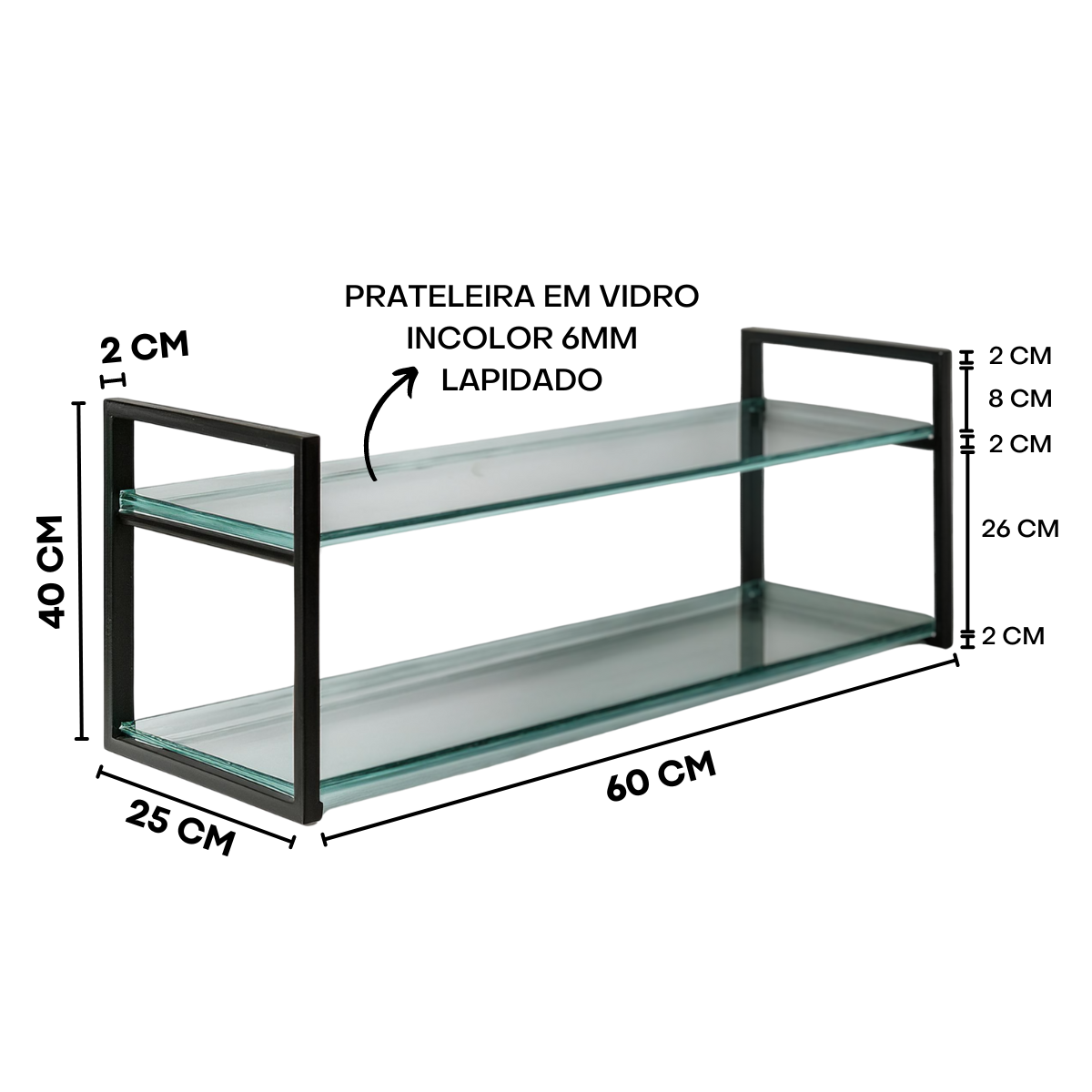 Prateleira com 2 Andares em Vidro e Suportes em Metalon Dourado - 40x25x60 - 3