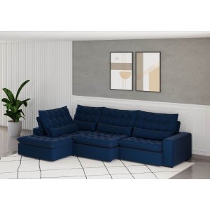 Sofá Volt com Chaise 3,00m em Suede Veludo Azul - Home Mobily