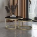 Ver imagem 2 de Kit Mesa de Centro Redonda Sala Tampo Vidro Preto Estrutura Aço Carbono Dourado Light