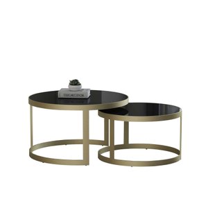 Kit Mesa de Centro Redonda Sala Tampo Vidro Preto Estrutura Aço Carbono Dourado Light