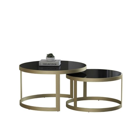 Kit Mesa de Centro Redonda Sala Tampo Vidro Preto Estrutura Aço Carbono Dourado Light