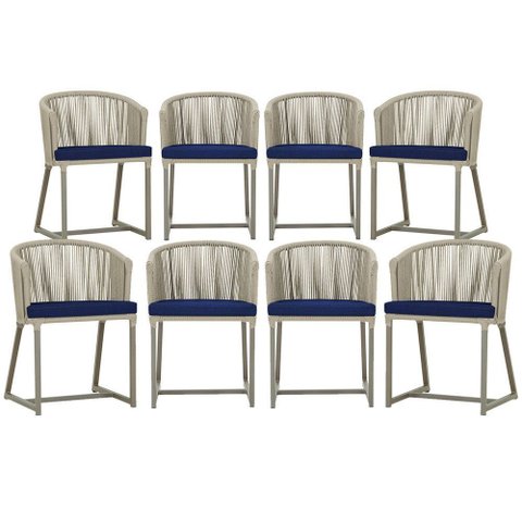 8 Cadeiras de Jantar Área Noronha em Alumínio com Pintura Fendi Corda Náutica Estofado 10 Trama Orig