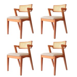 Kit 4 Cadeiras Sala de Jantar com Telinha em Rattan - Yasmin - Linho Bege