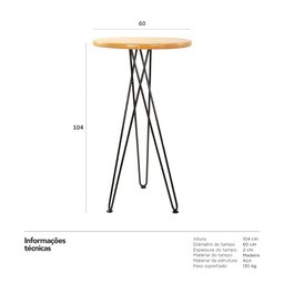 Mesa alta Hairpin Bar Industrial 60 cm Madeira clara - 2