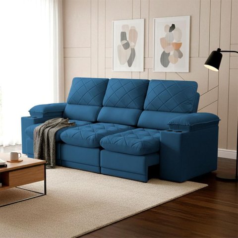 Sofá Veneza 2,40m Retrátil Reclinável Azul Usb e Porta Copos - King House