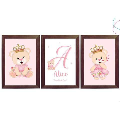 Kit com 3 Quadros Decorativos do Tema Ursinha Princesa:tabaco