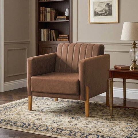 Poltrona Elegance em Velucouro Pés em Madeira Maciça Encosto Fixo Sala Moderna Premium Luxo - Marrom